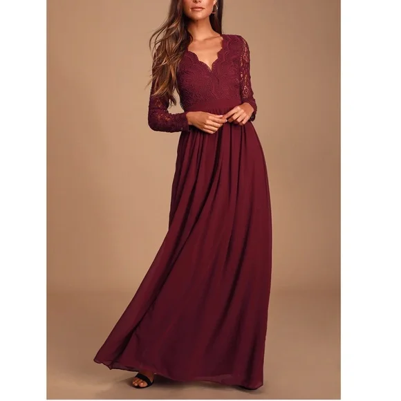 Lulus | Dresses | Nwt Lulus Awaken My Love Burgundy Long Sleeve Lace Maxi  Dress Size Large | Poshmark